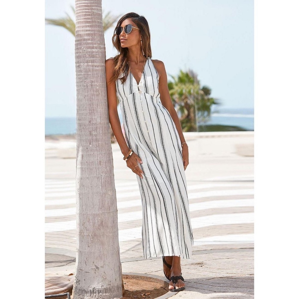 VENUS White and Black Striped Midi Dress
